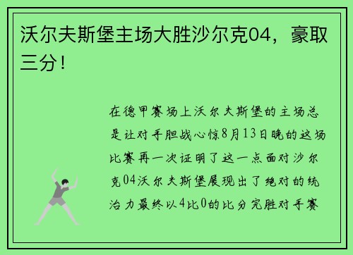 沃尔夫斯堡主场大胜沙尔克04，豪取三分！
